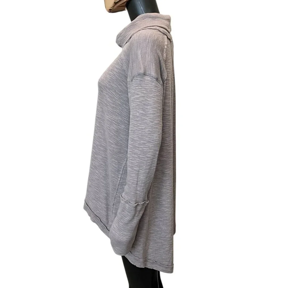 Free People Boho Taupe Slub Knit Cowl Neck Split Back Tunic Sweater Small